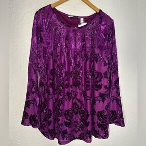 NEW Isaac Mizrahi Purple Glitter Tunic Top Velvet Witchy Dark Goth Jewel Tone XL